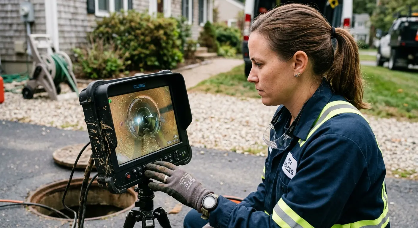 Technician reviewing sewer camera inspection footage in Otis Orchards-East Farms