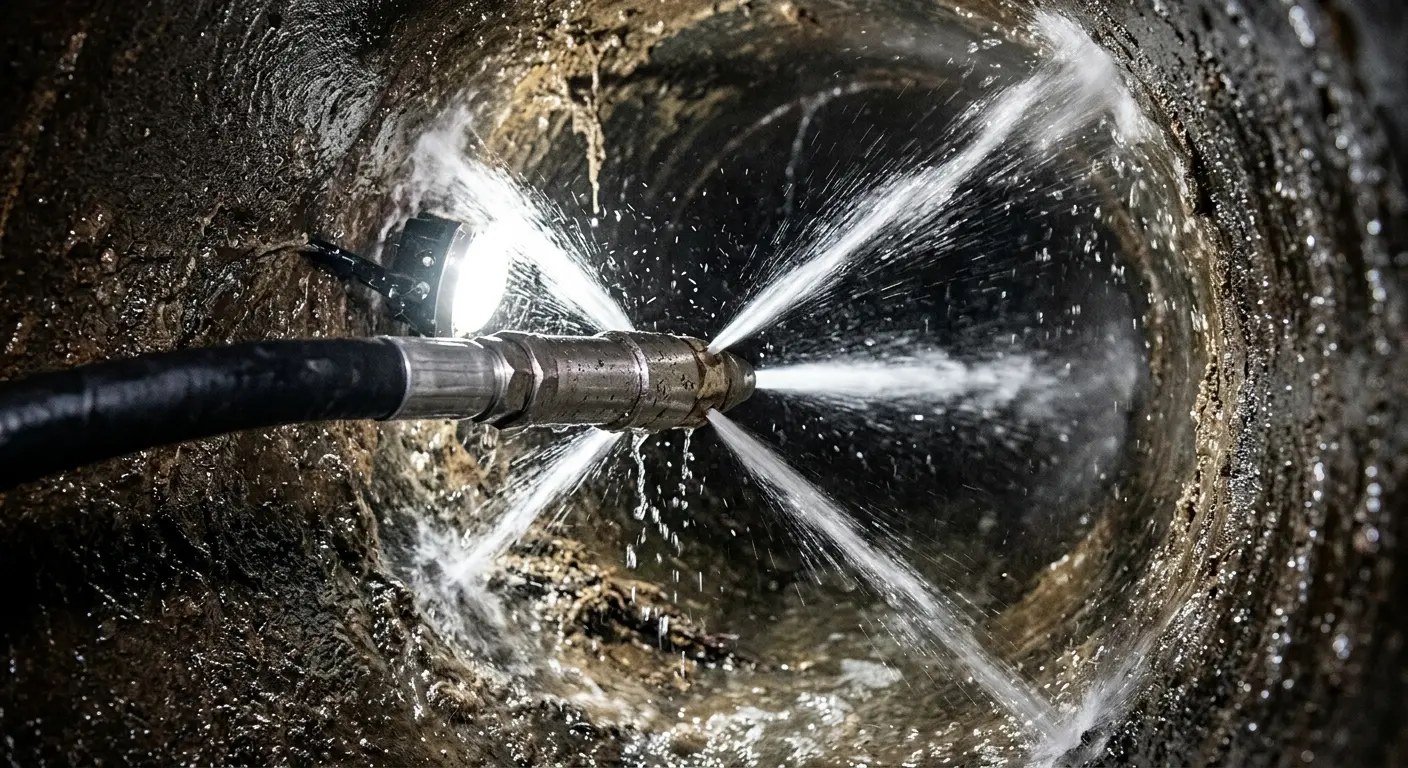 High-pressure hydro jetting nozzle cleaning sewer pipe for Emergency Drain Service in Otis Orchards-East Farms
