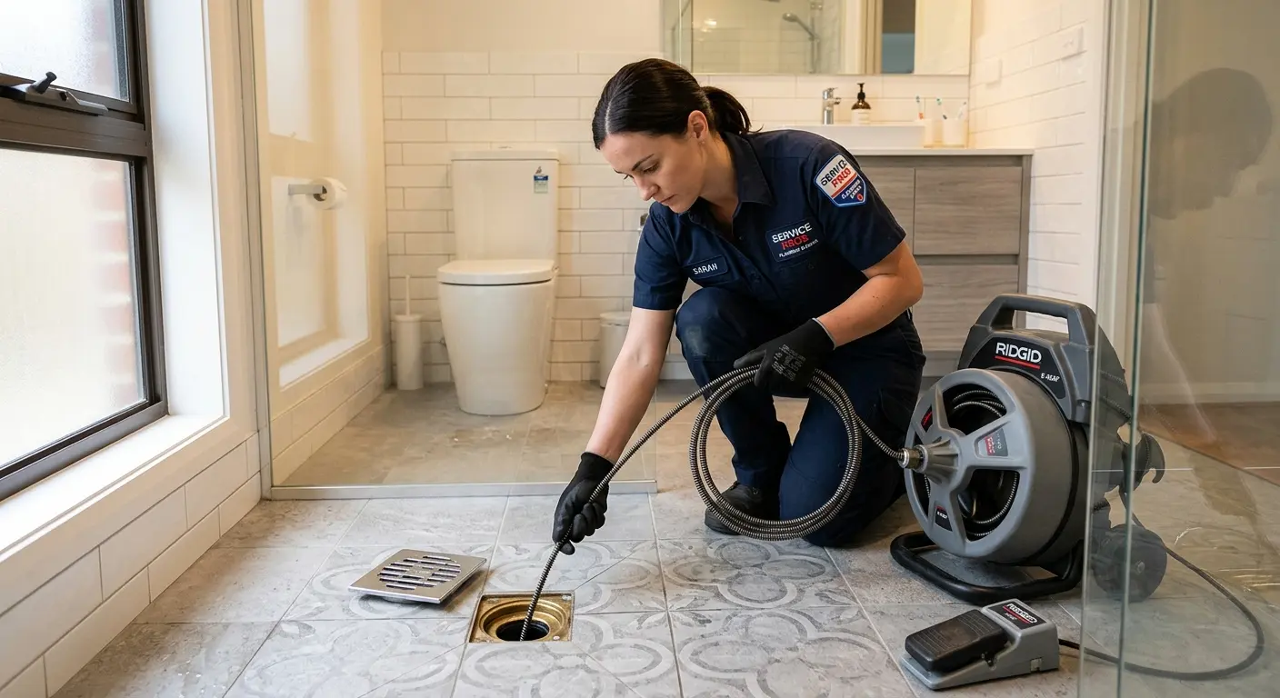 Technician clearing a bathroom floor drain for Clogged Drain Repair in Otis Orchards-East Farms